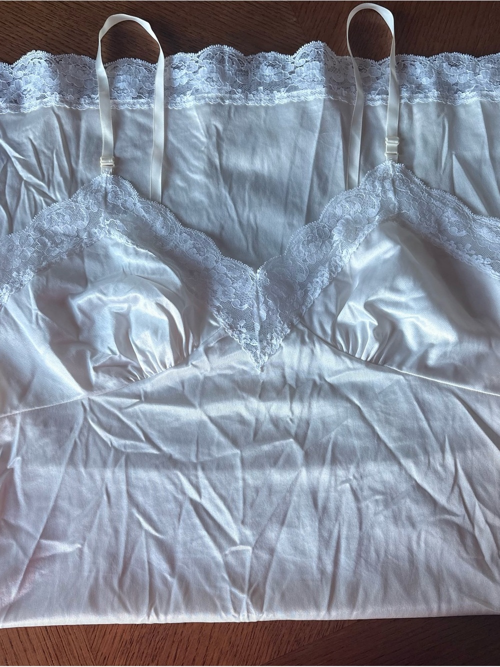 VTG 70s 80s Nylon Slip Dress Off White Lace Trim V-Neck Lingerie Made in USA 40B